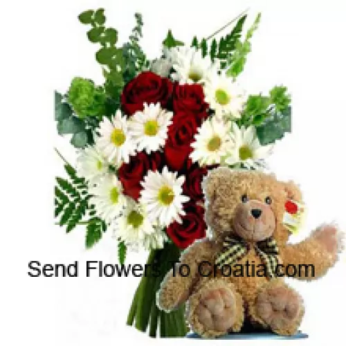 Bunch Of Red Roses And White Gerberas Along With A Cute 12 Inches Tall Brown Teddy Bear