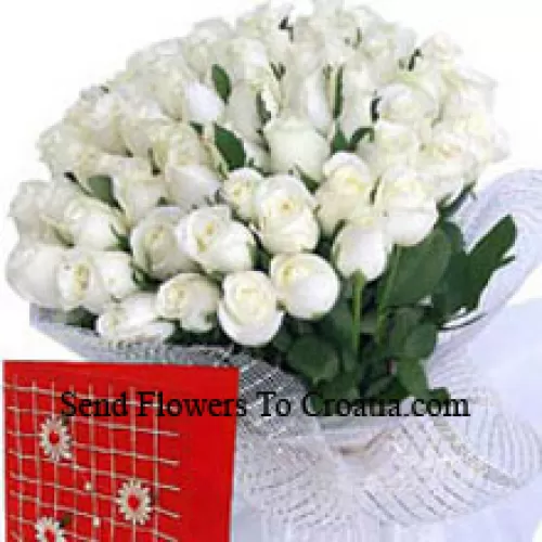 Panier de 101 roses blanches avec une carte de vœux gratuite