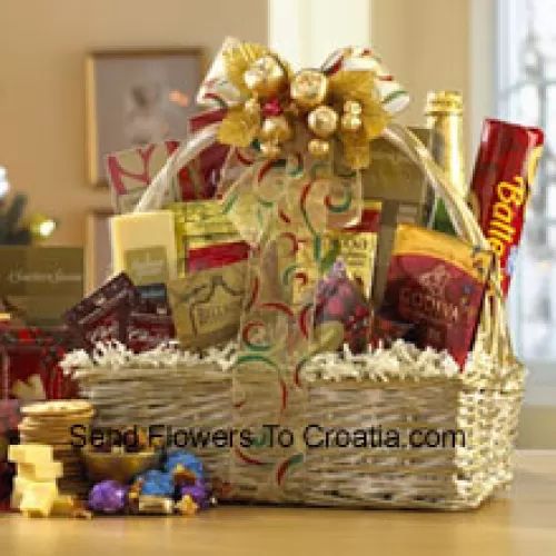 This gift basket shines for the Thanks Giving  with a great selection of gourmet food for all. A shimmering basket holds Dutch Gouda Cheese Biscuits, Crantastic Snack Mix, Chocolate Cocoa, Scottish Shortbread Fingers, Roasted Peanuts, assorted Godiva Dark Chocolates, Smoky Cheddar, Fancy Water Crackers, Swedish Ballerina Cookies, Mints, Bellagio Caramella Coffee, Tea, and non-alcoholic Sparkling Apple Cider. It makes a nicely balanced selection of sweet and savory foods that are sure to please. (Please Note That We Reserve The Right To Substitute Any Product With A Suitable Product Of Equal Value In Case Of Non-Availability Of A Certain Product)